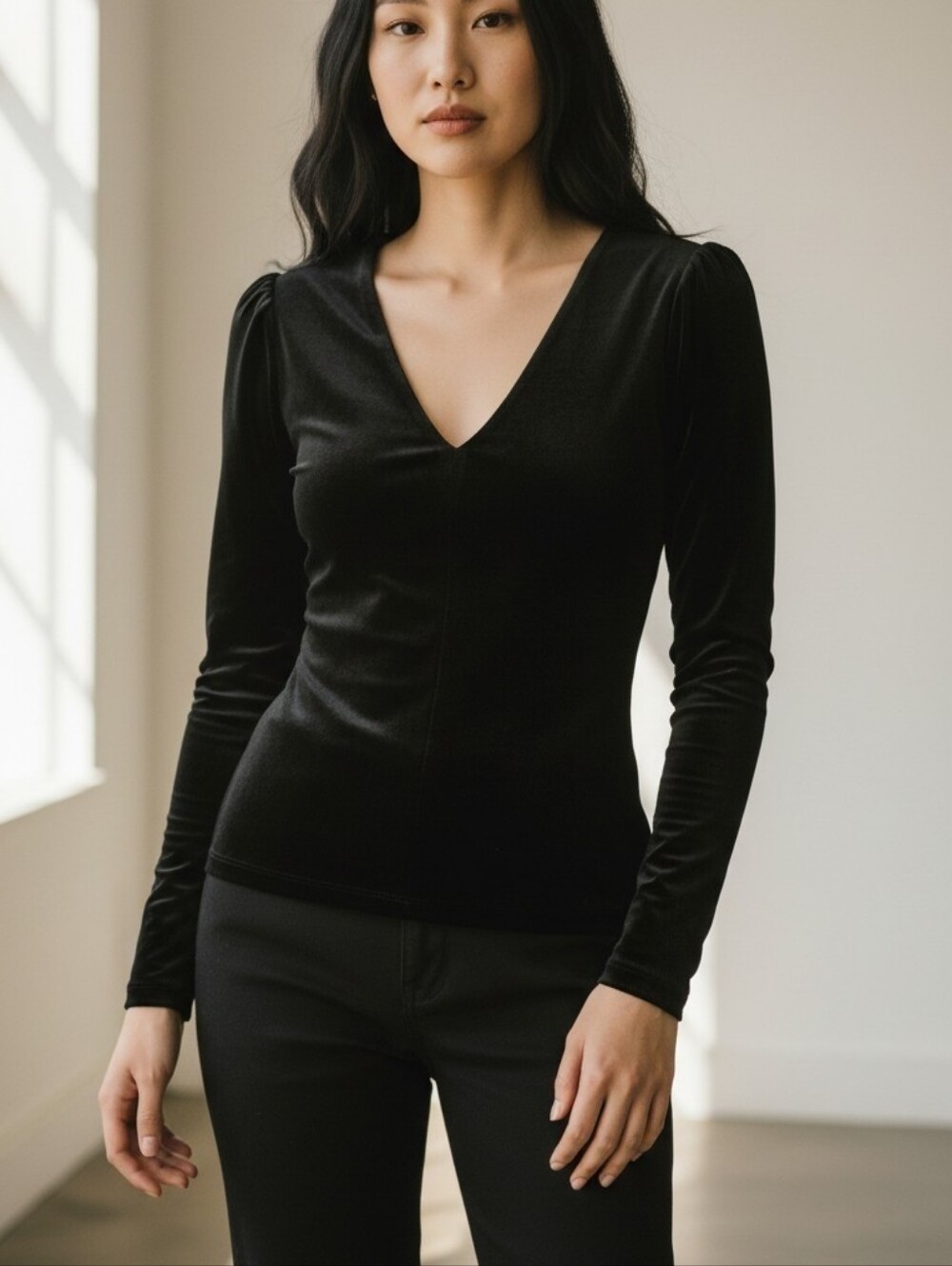 Mango Velvet V-Neck Top in Black
